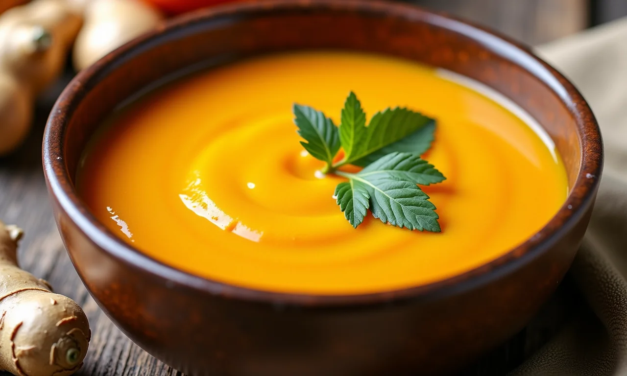 Sopa cremosa de abóbora com gengibre orgânica.