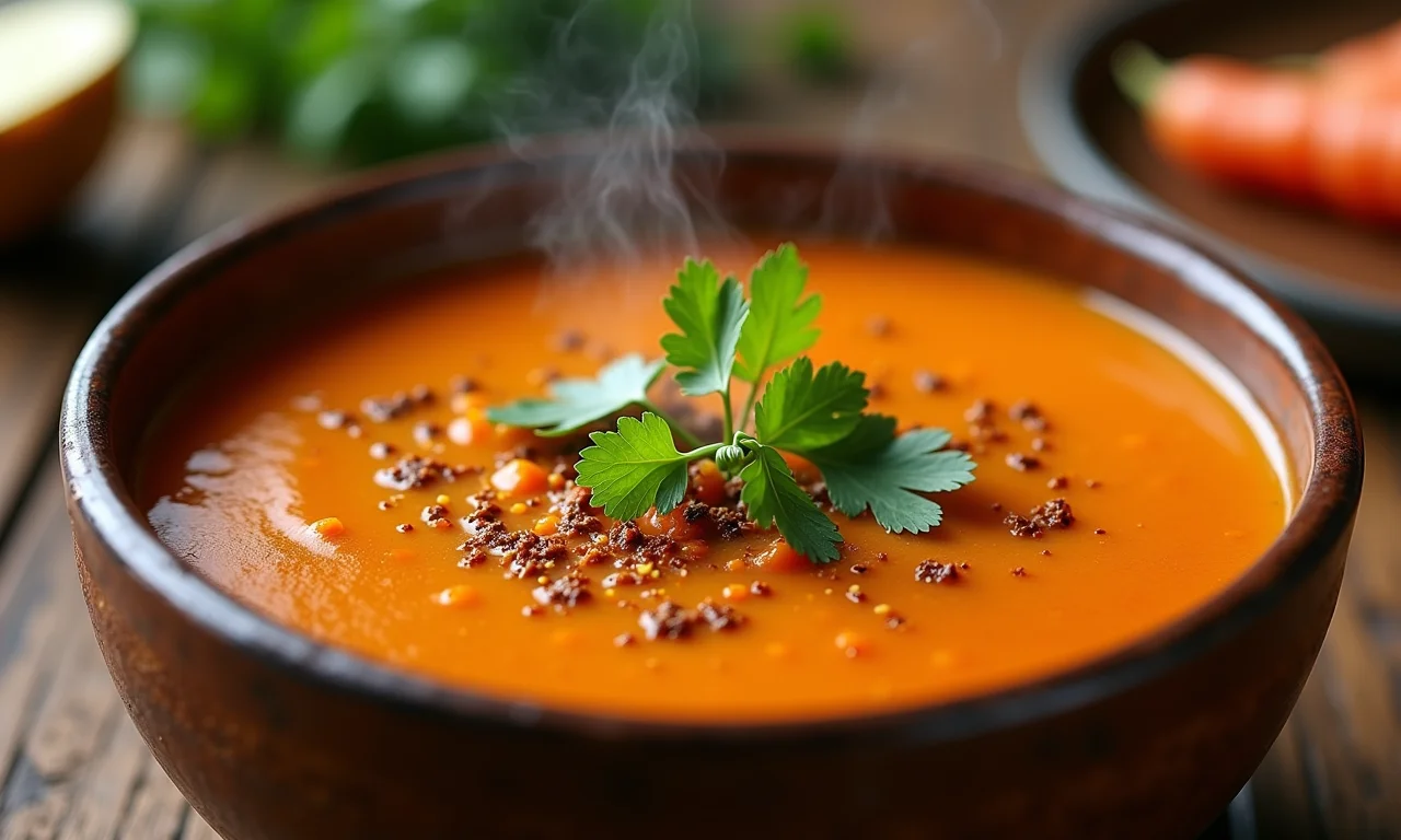 Sopa de cenoura quente com especiarias em tigela rústica.