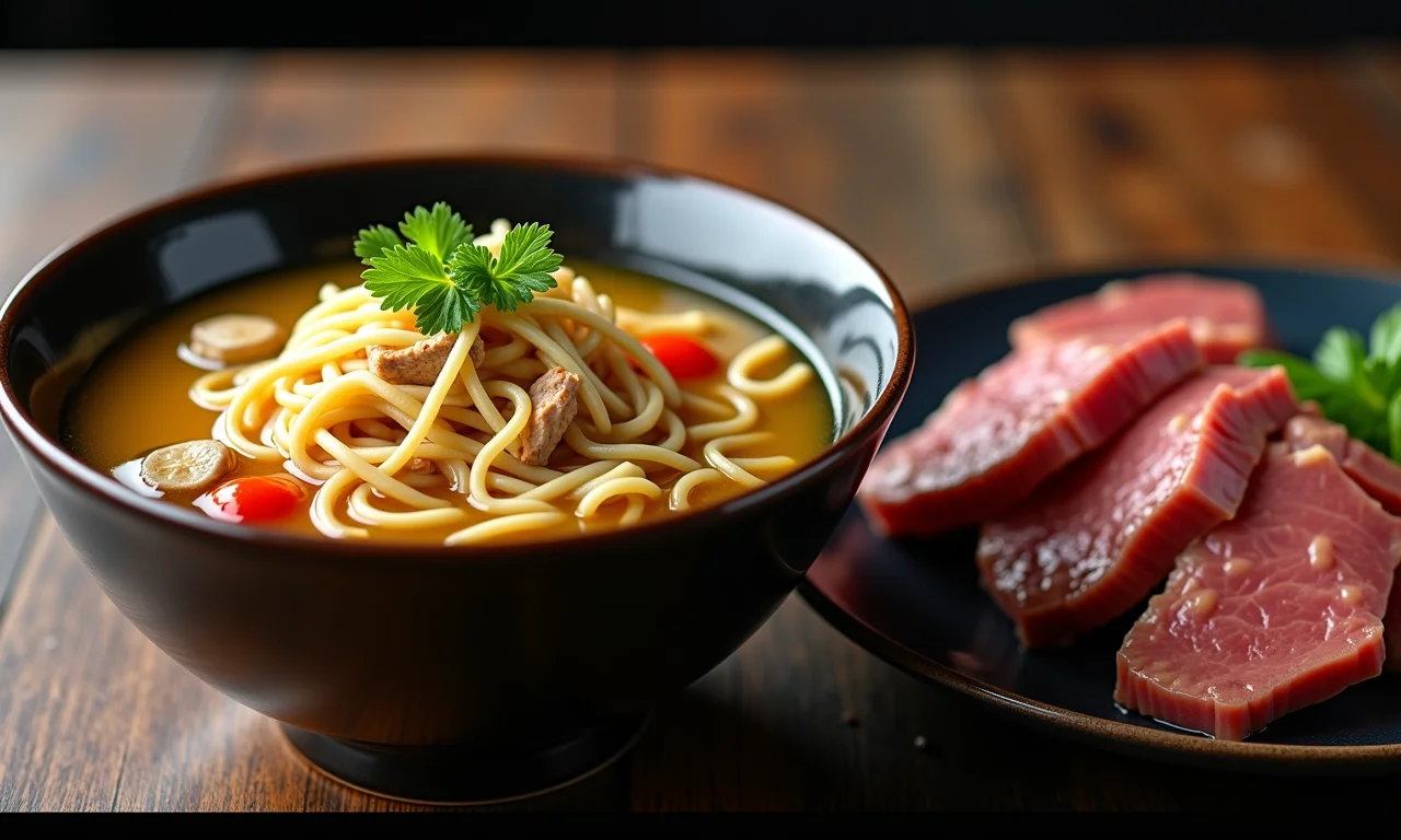 Sopa de macarrão com frango e carne ao lado.