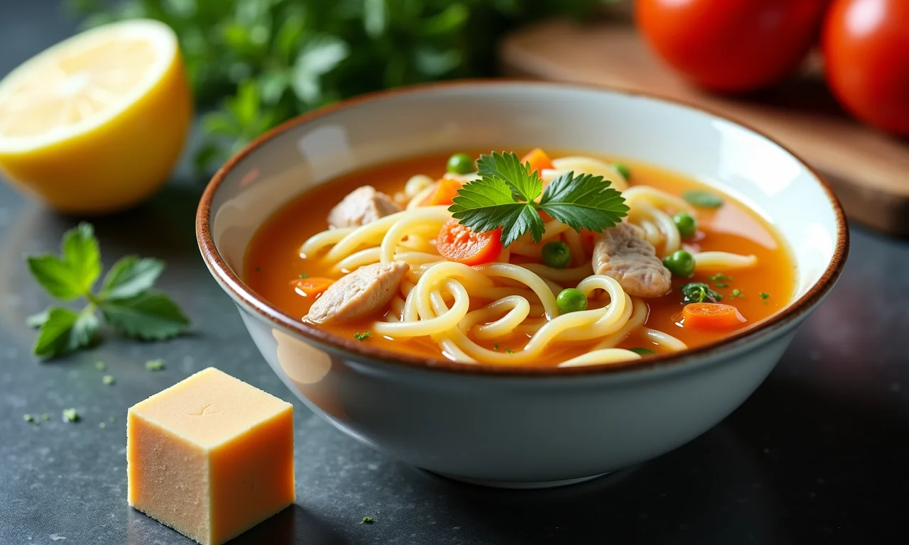 Sopa de macarrão com frango e um cubo de caldo industrializado ao lado.