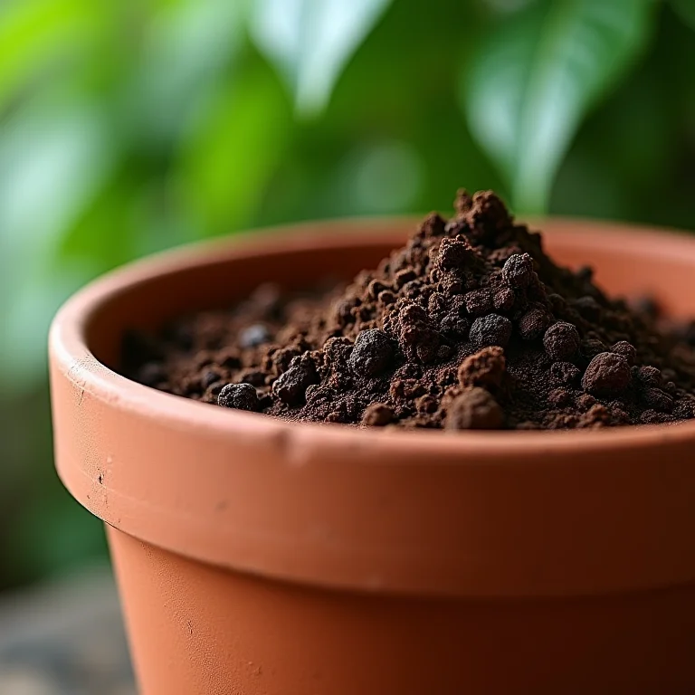 Substrato leve e bem drenado em um vaso de terracota.
