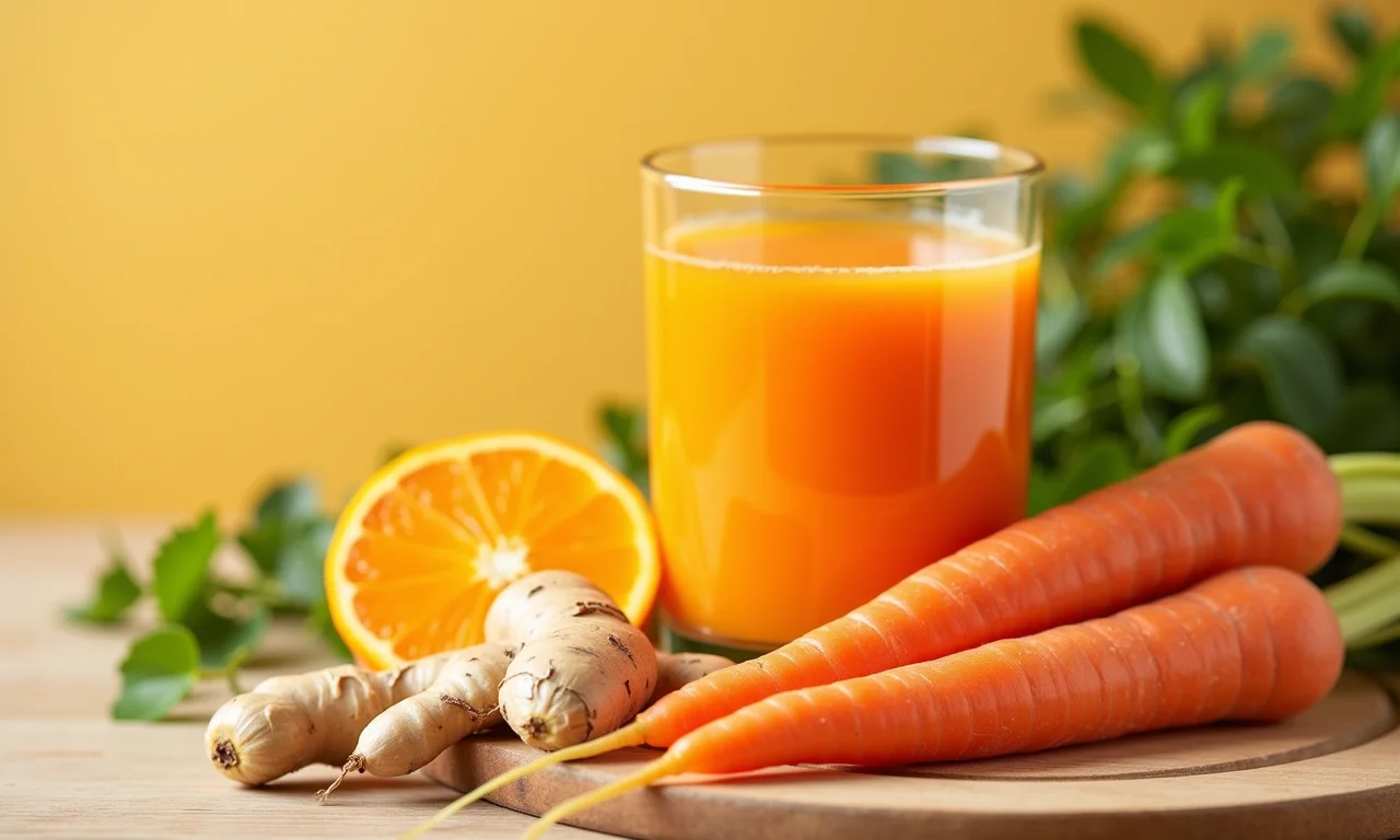 Suco de cenoura fresco com laranja e gengibre em copo.