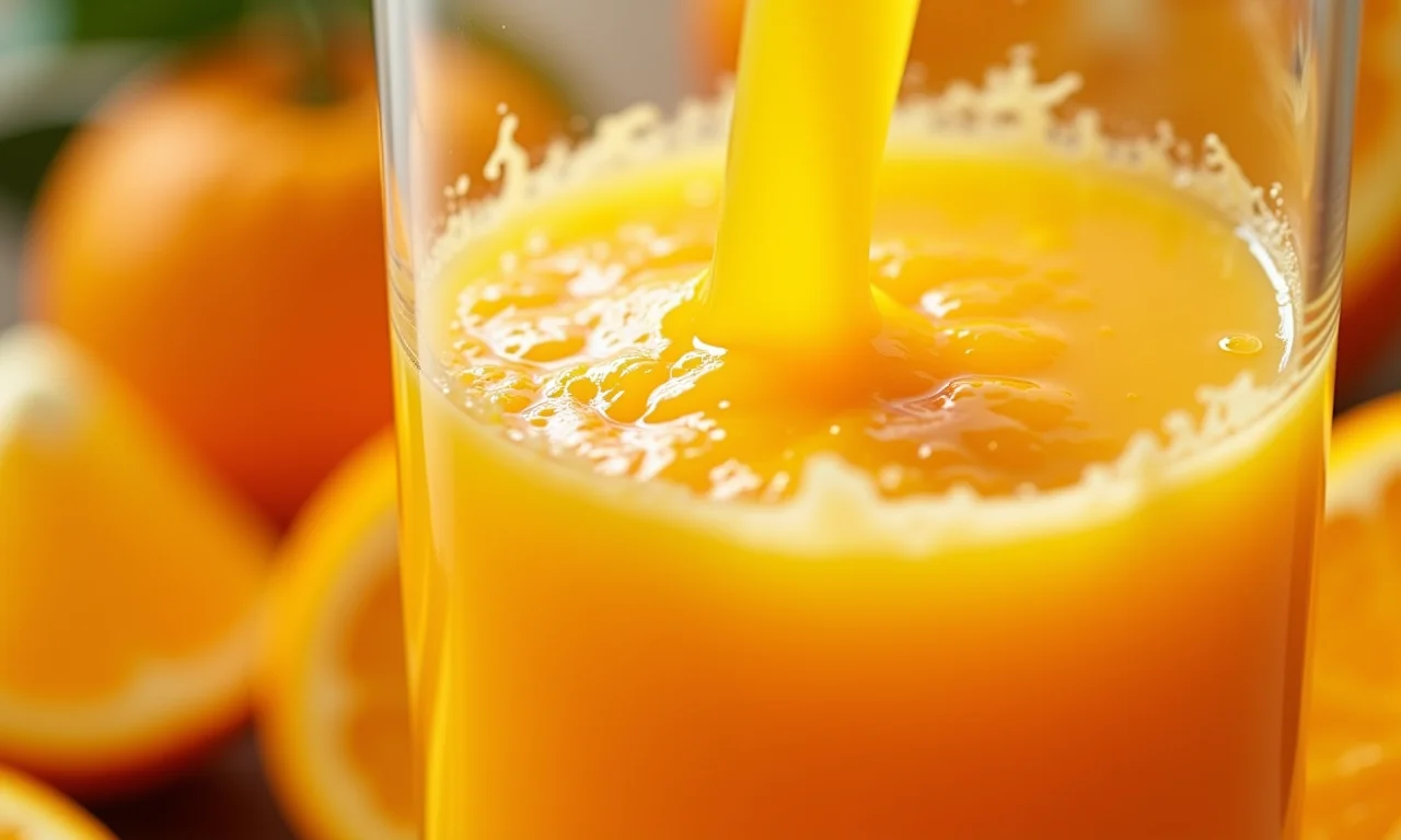 Suco de laranja fresco sendo espremido, representando a vitamina C como aliada da imunidade.