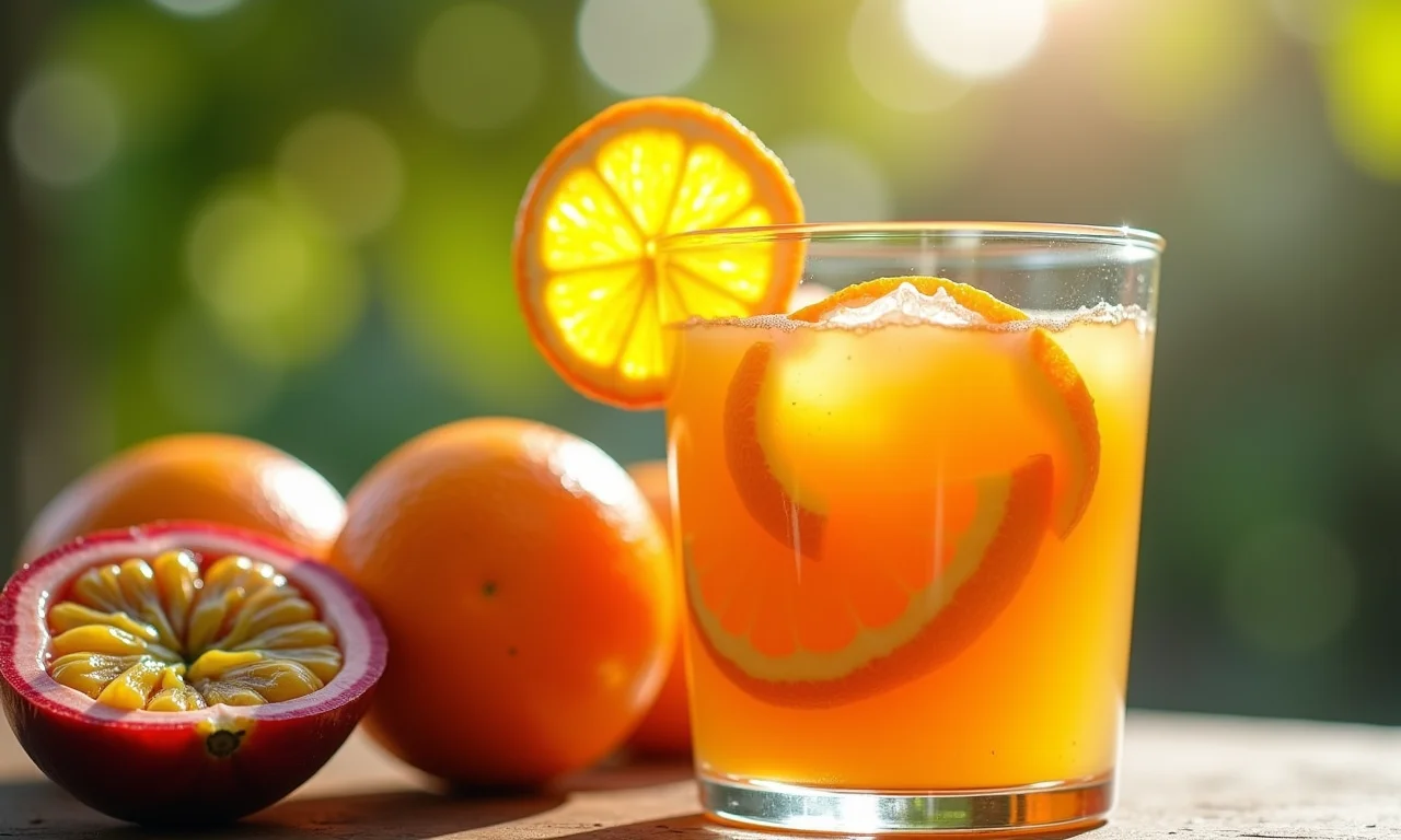 Suco de maracujá com laranja refrescante.
