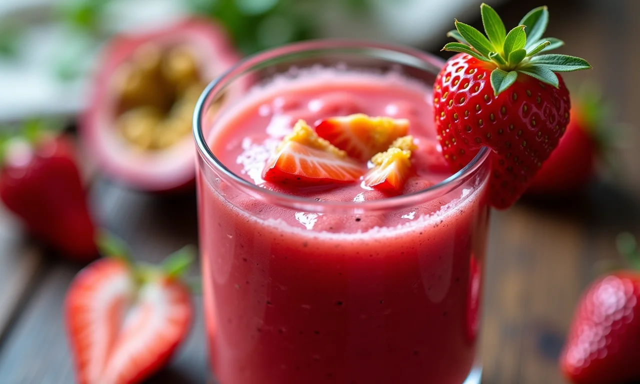 Suco de maracujá com morango saboroso.