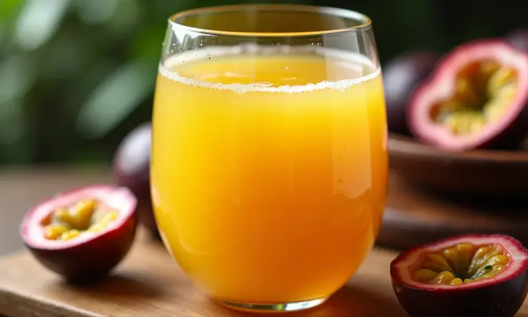 Suco de maracujá cremoso e refrescante em copo com frutas ao redor.