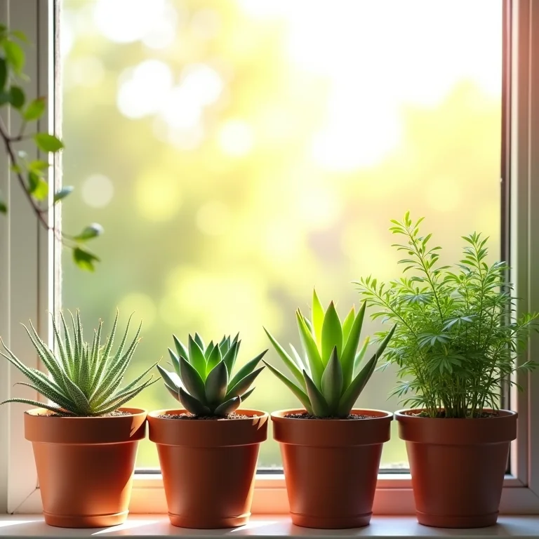 Suculentas e cactos em um parapeito ensolarado.