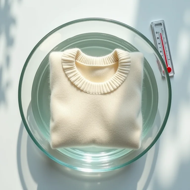 Suéter de lã sendo lavado em água fria com termômetro