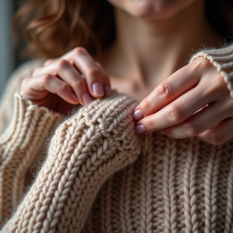Suéter de tricô sendo consertado com agulha e linha