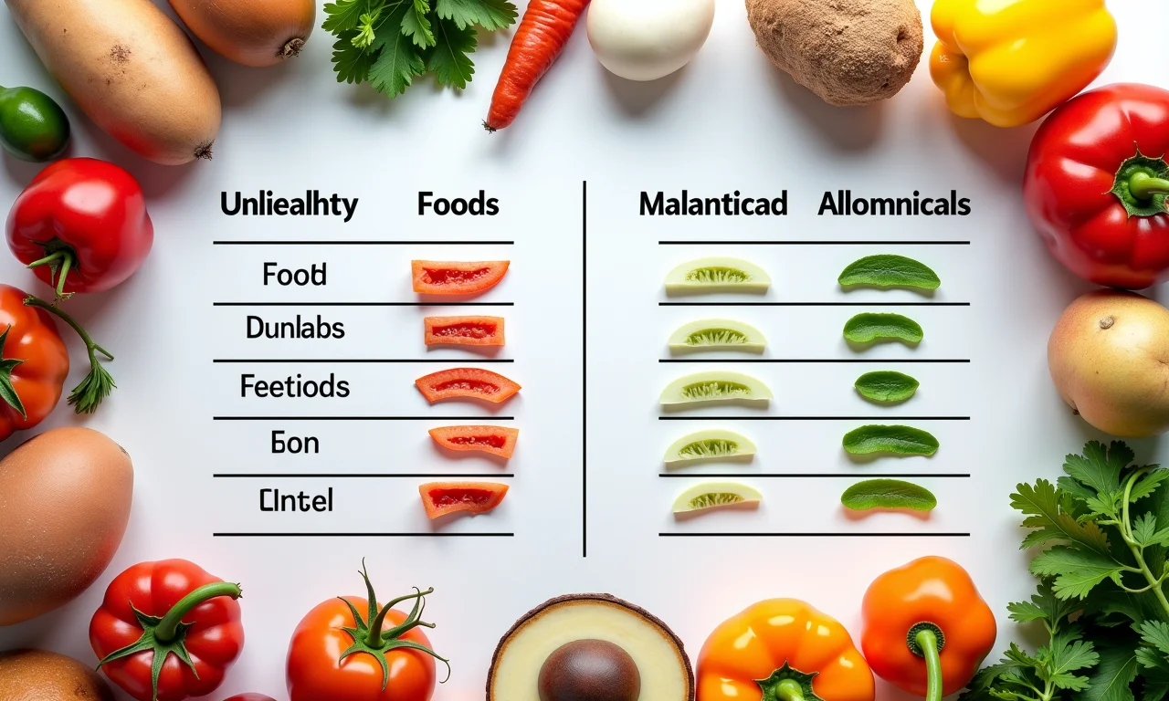 Tabela comparativa de alimentos saudáveis e não saudáveis.