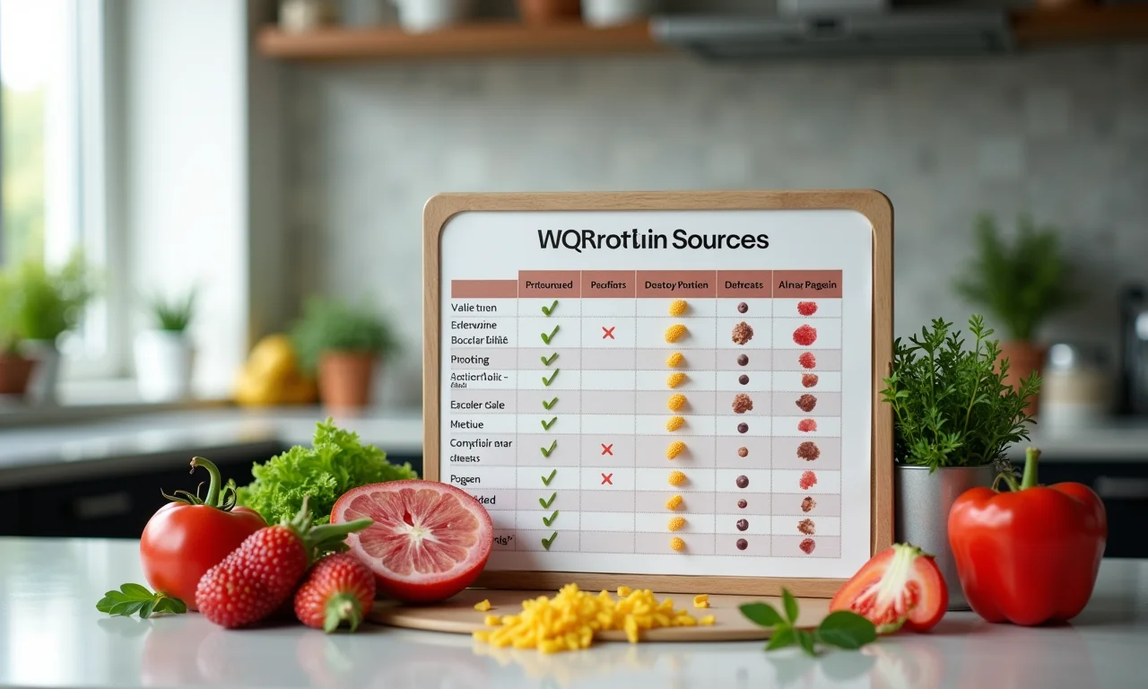 Tabela comparativa de fontes de proteínas em uma cozinha moderna.