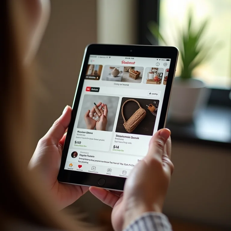 Tablet mostrando um pin do Pinterest vinculado a uma loja online, representando a facilidade de compra.