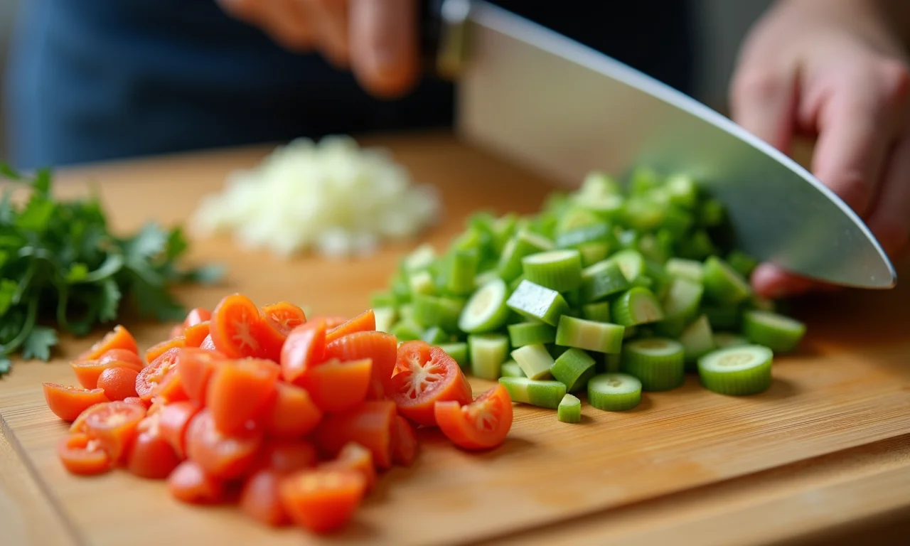 Tábua de Corte de Bambu Oikos com legumes sendo picados.
