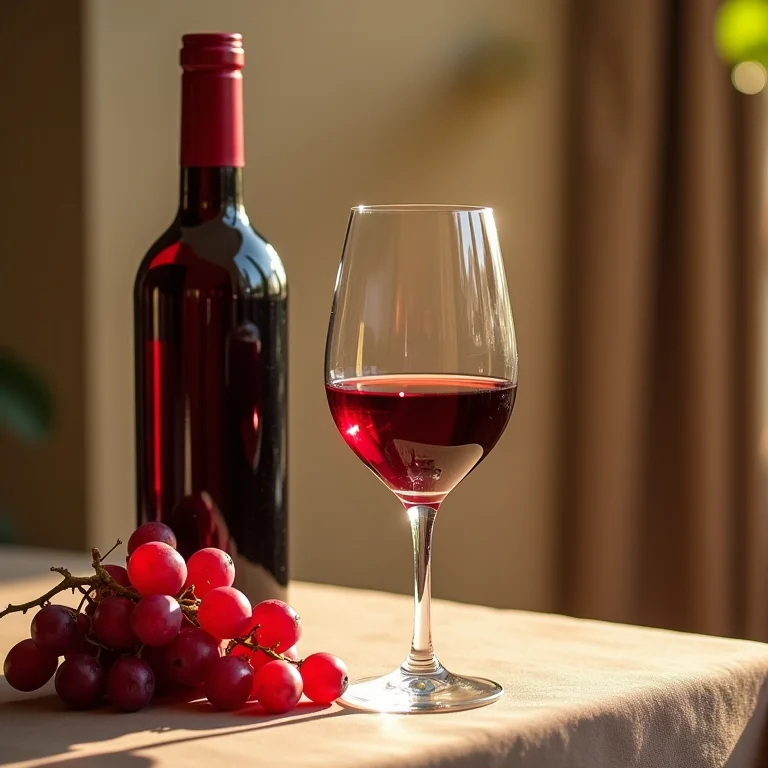 Taça de vinho tinto com garrafa e uvas em uma mesa