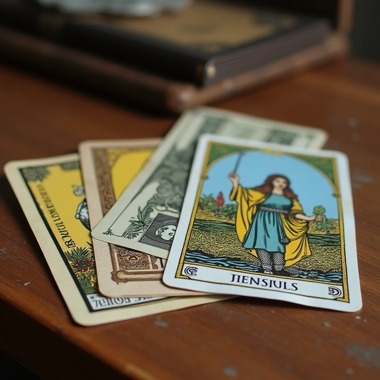 Cartas de Tarot e dinheiro brasileiro na mesa.