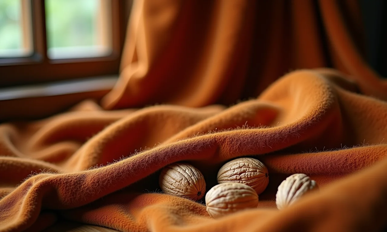 Tecido marrom aconchegante tingido com casca de nozes.