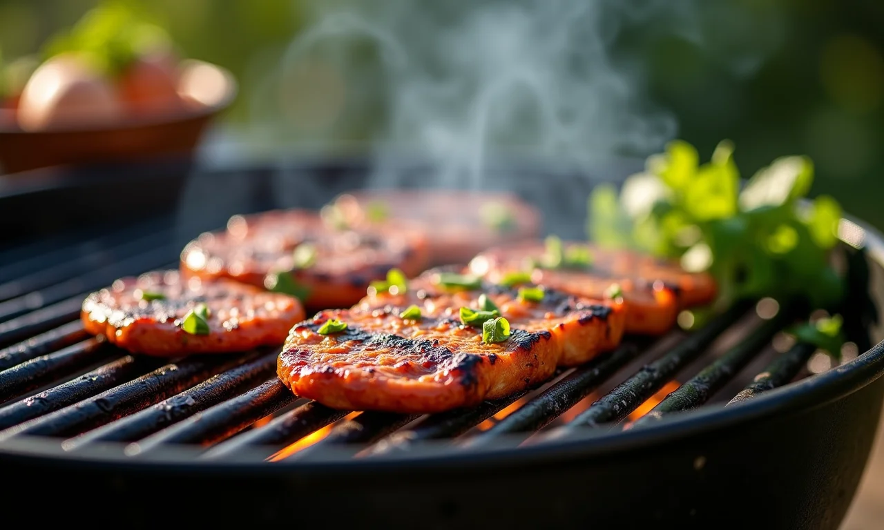 Tempeh sendo grelhado em uma churrasqueira.