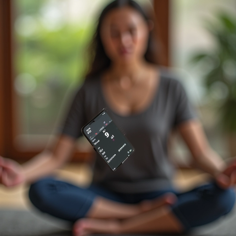 Temporizador configurado para 5 minutos com mulher meditando ao fundo.