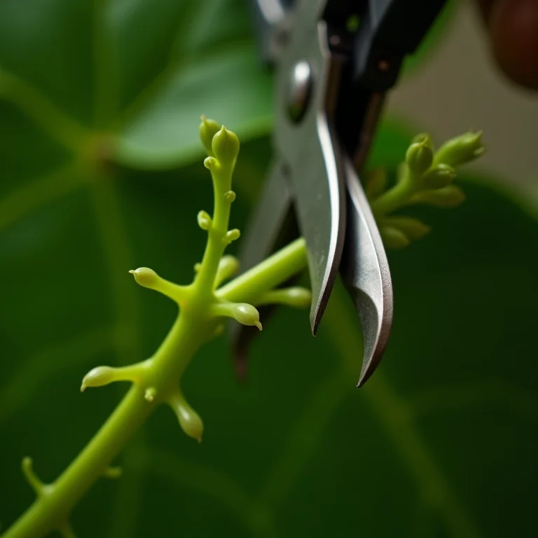Tesoura de poda delicadamente cortando uma Fitônia.