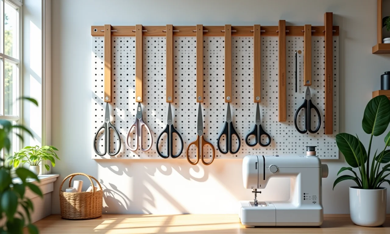 Tesouras e réguas penduradas em um painel organizador em um ateliê de costura.