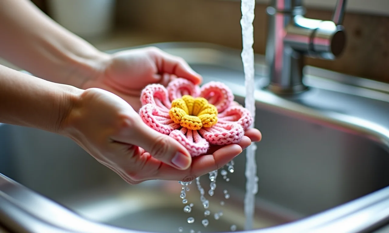 Teste de solidez da cor: lavando flor de crochê à mão.