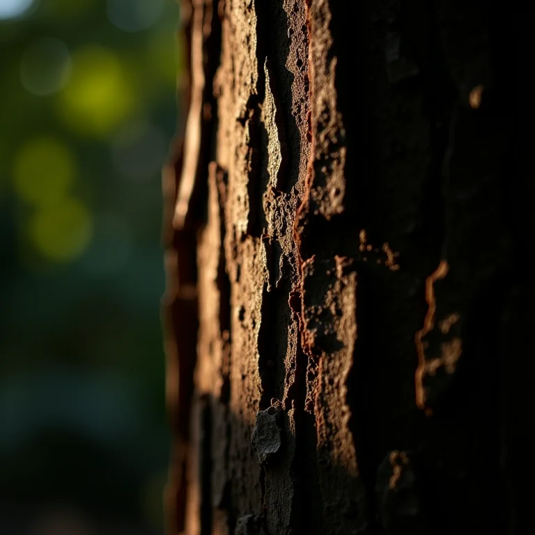 Texturas de casca de árvore em close-up com luz e sombras.