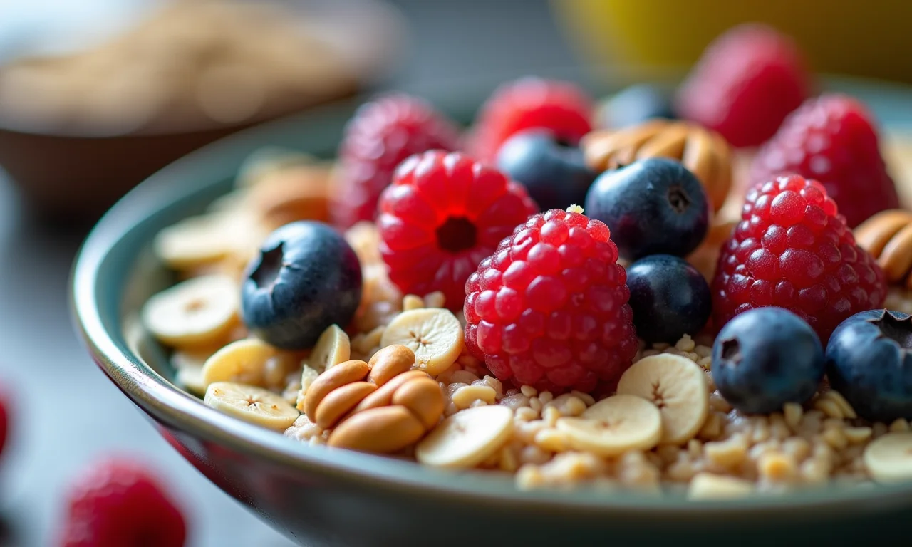 Tigela de aveia com frutas e castanhas.