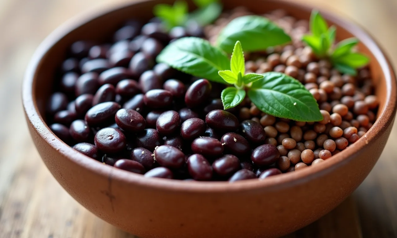 Tigela de feijão preto e lentilhas.
