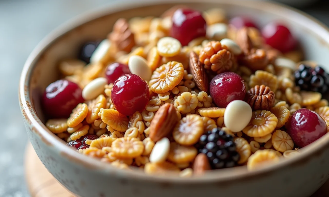 Receita de Granola Para Lanches Energéticos Tigela de granola colorida com frutas secas e mel.