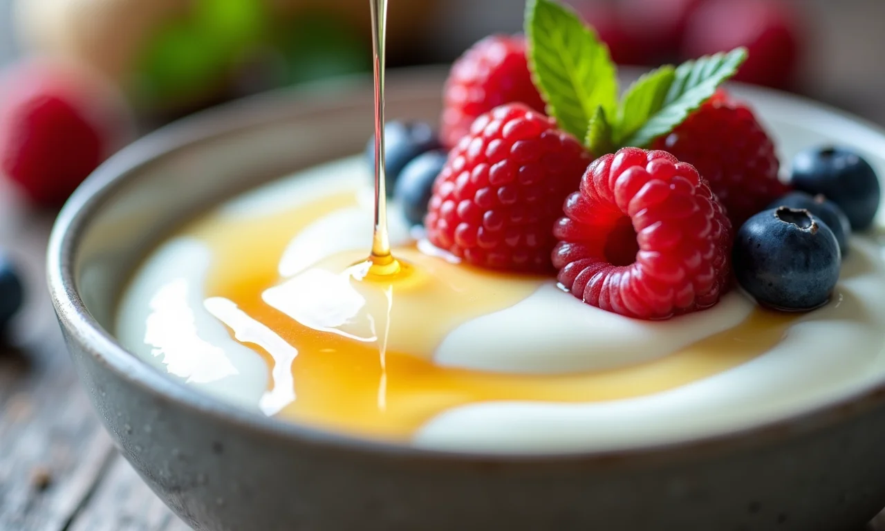 Tigela de iogurte natural cremoso com frutas vermelhas frescas e mel.