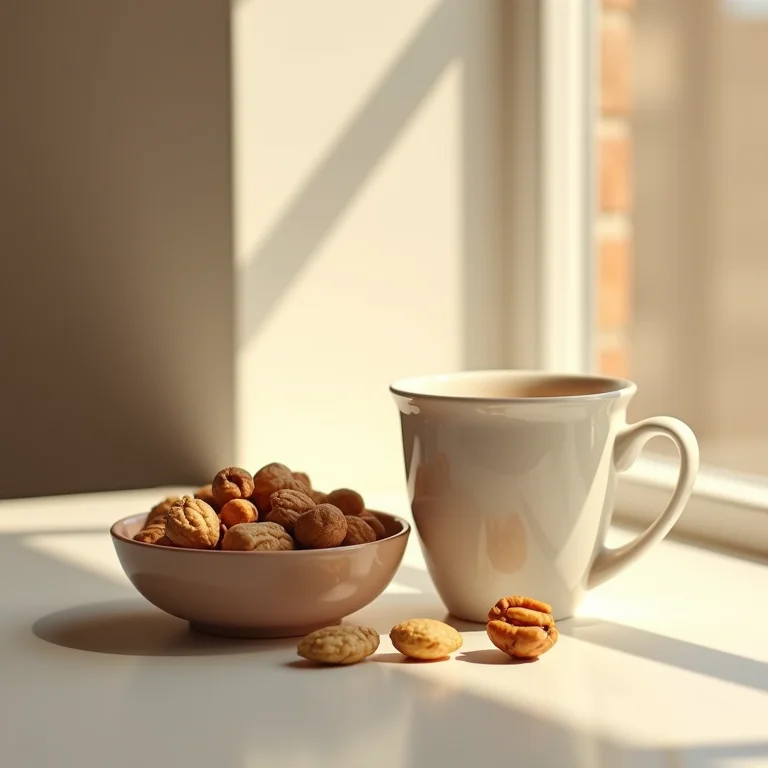 Tigela de mix de castanhas ao lado de xícara de café