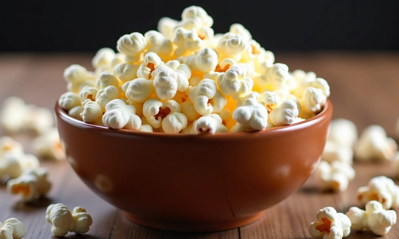 Tigela de pipoca caseira com grãos de milho espalhados.