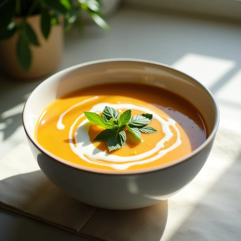 Tigela de sopa cremosa com ervas frescas.