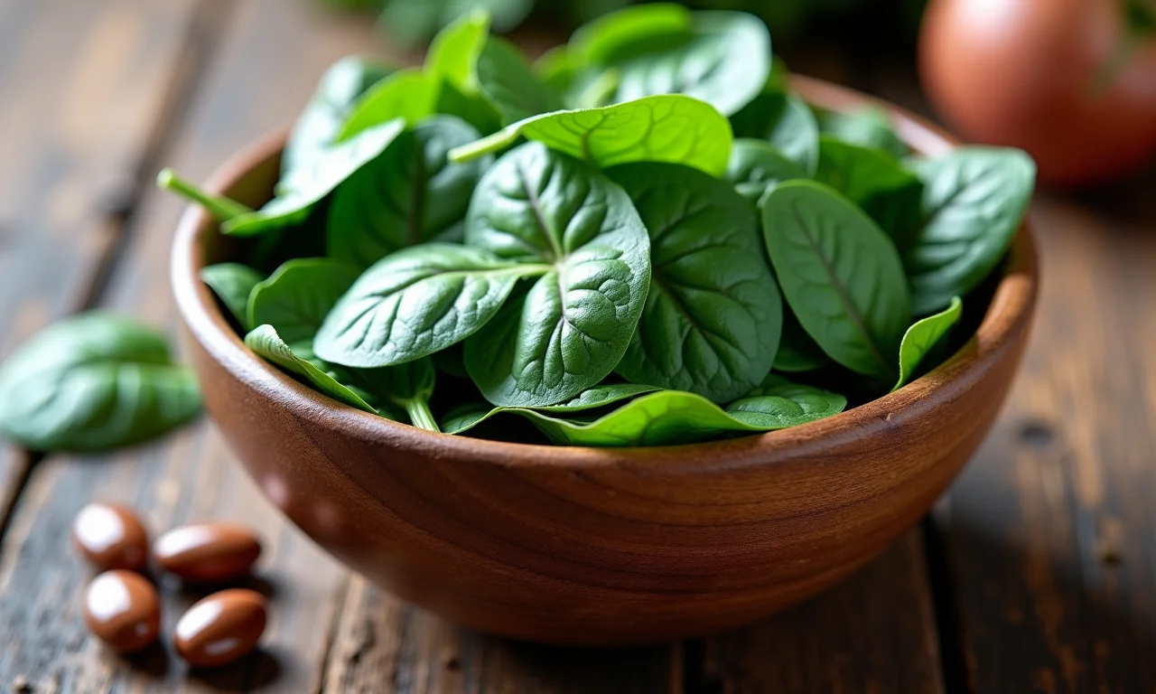 Tigela de vegetais verde escuros, como espinafre, ricos em ferro para combater a anemia na dengue.