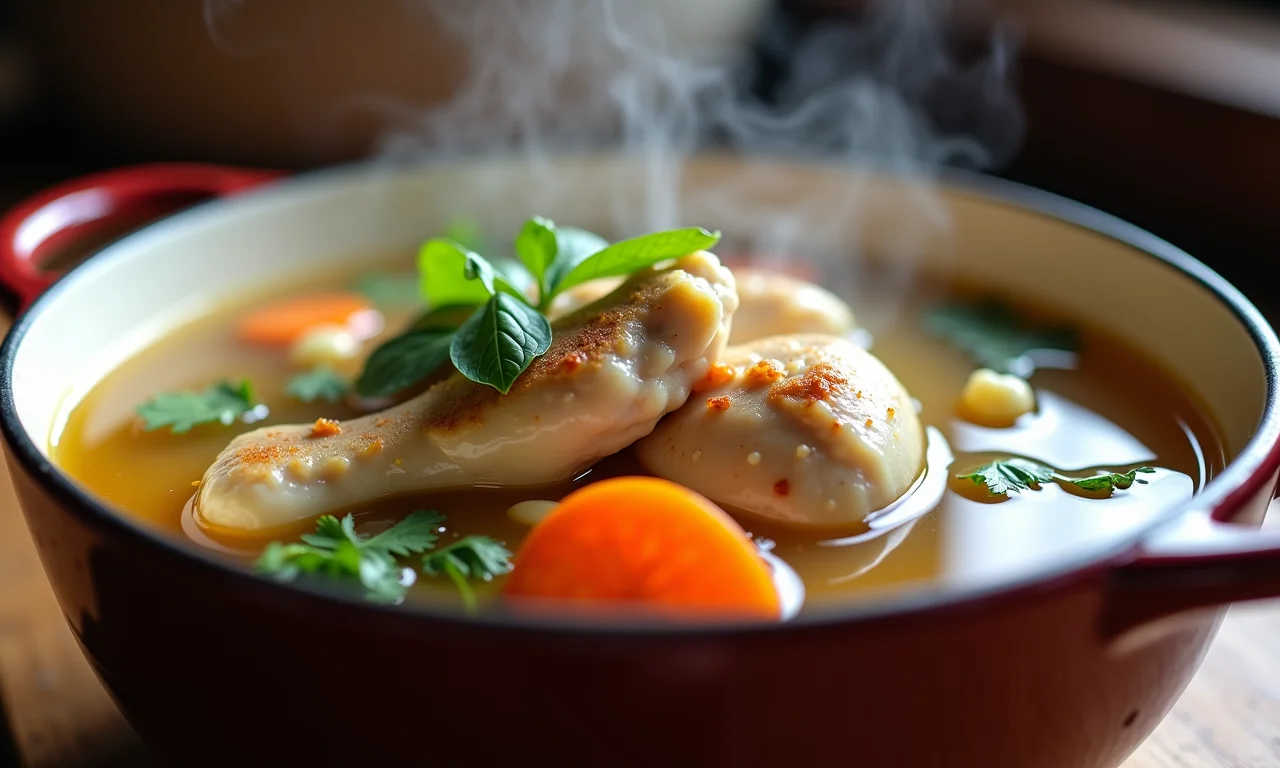 Tigela fumegante de canja de galinha com legumes, reconfortante e nutritiva para a dengue.