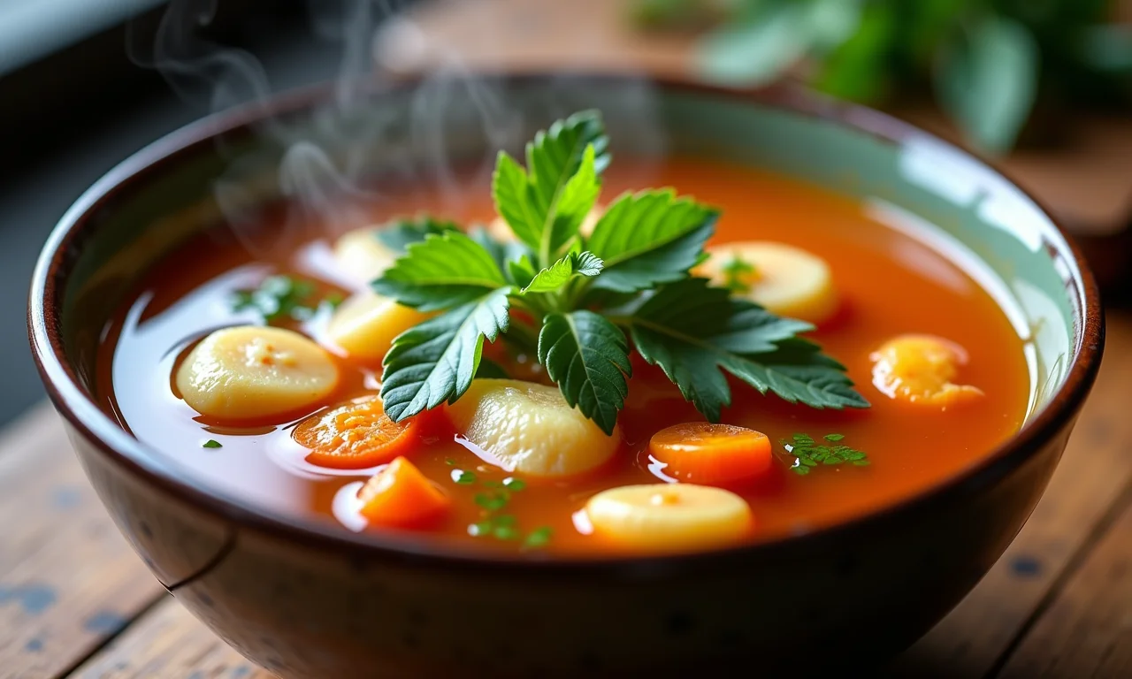 Tigela fumegante de sopa de legumes com ervas, sopa revigorante para a dengue.