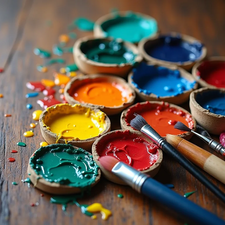 Tintas a óleo coloridas e pincéis de artista dispostos em uma superfície de madeira.