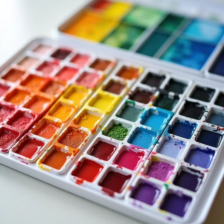 Tintas aquarela em pastilhas e tubos organizadas por cor