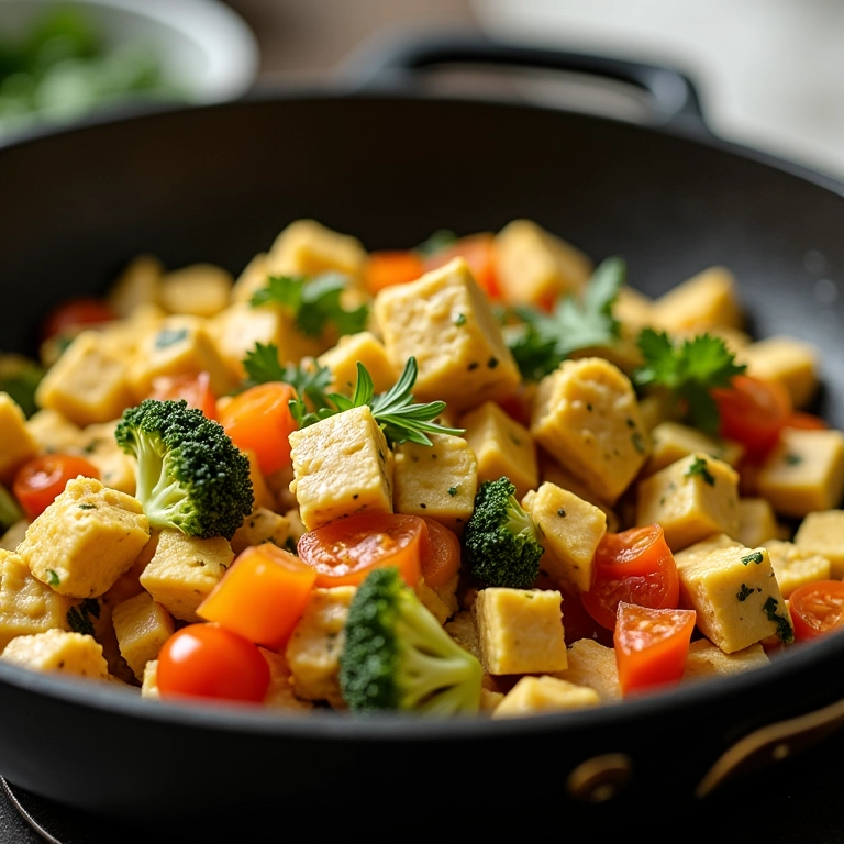 Tofu mexido com legumes, opção vegana e proteica.