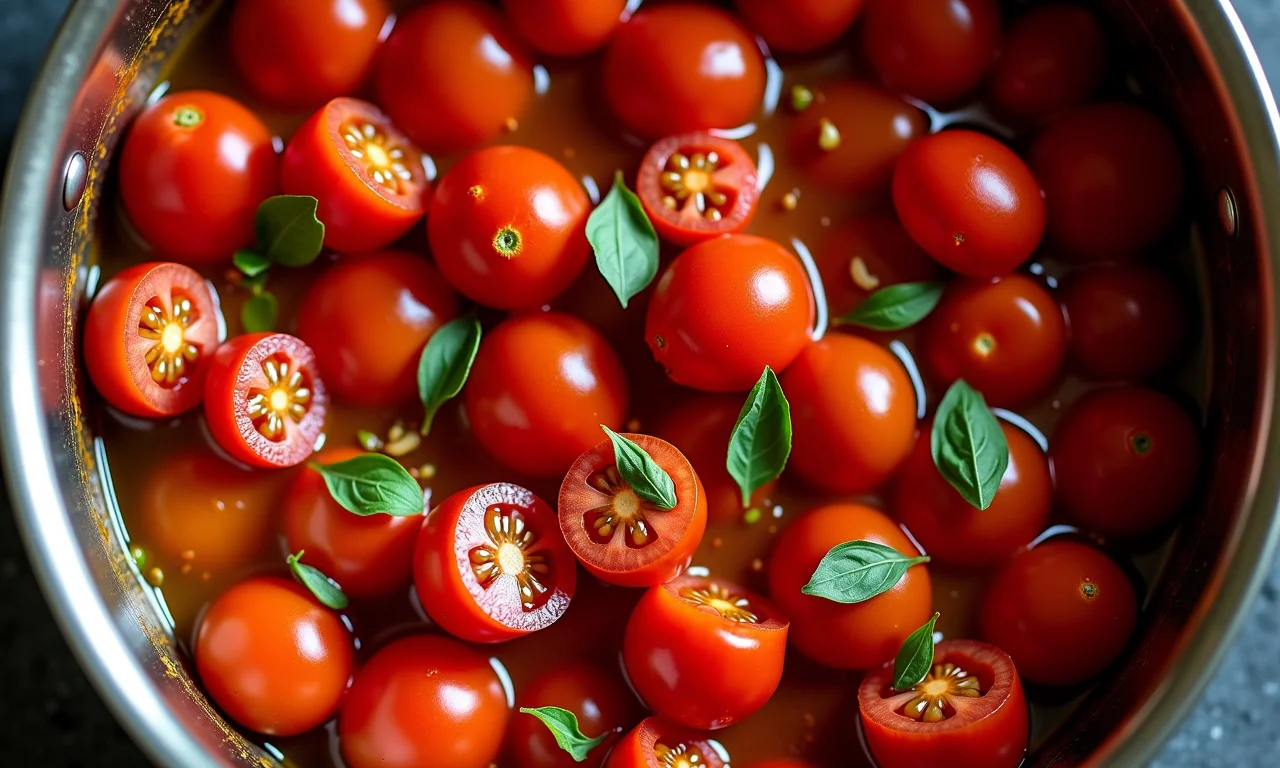 Tomates maduros cozinhando em panela com alho, azeite e manjericão.
