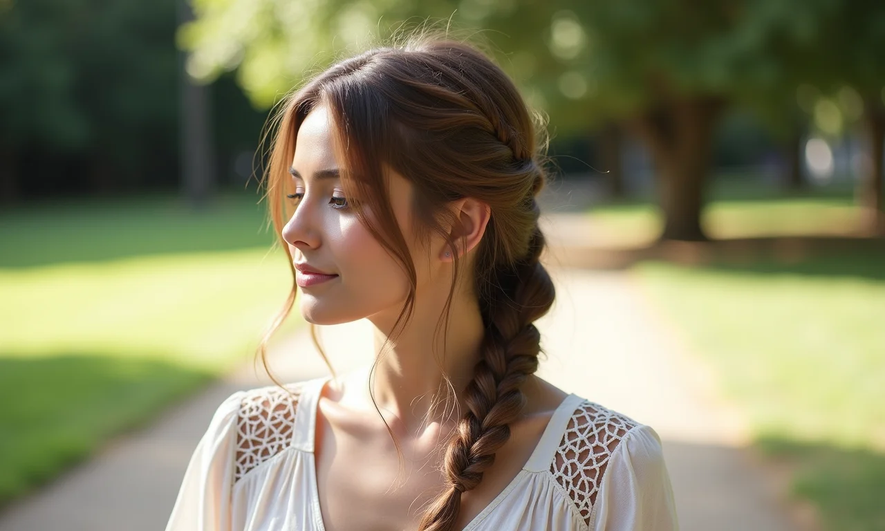 Trança espinha de peixe lateral em cabelo médio.