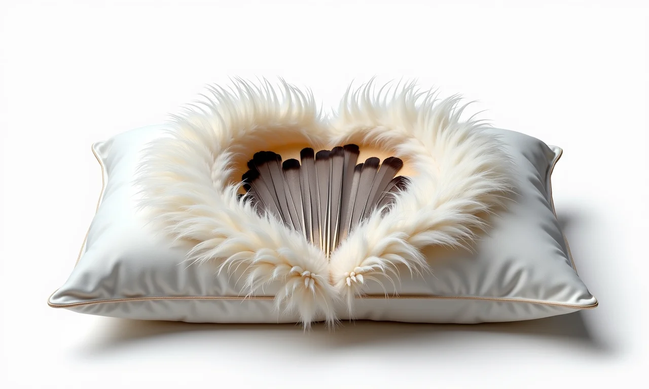 Travesseiro de pena aberto mostrando o arranjo interno.