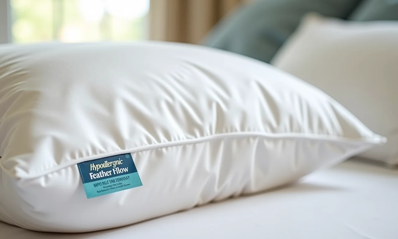 Travesseiro de pena hipoalergênico com etiqueta.