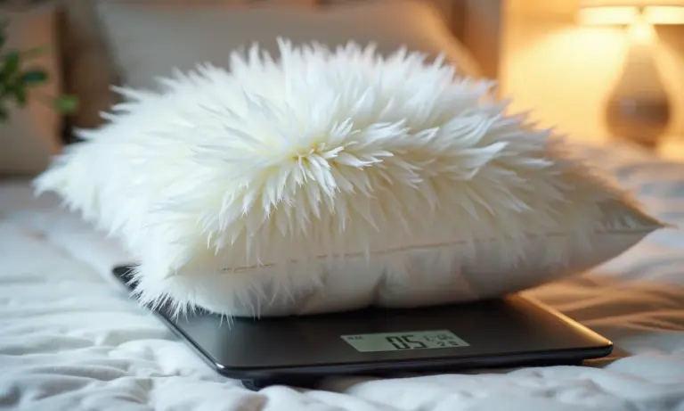 Travesseiro de pena sendo pesado em balança digital.