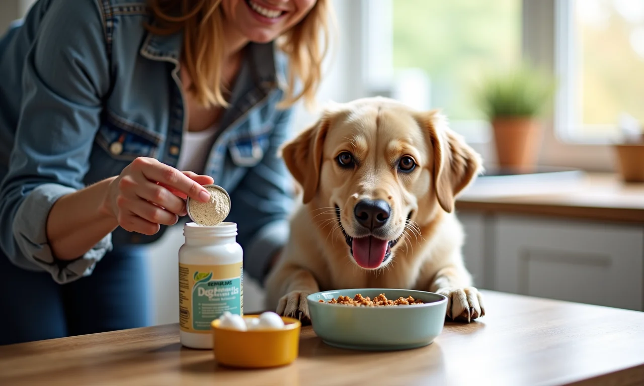 Tutor adicionando suplemento na comida de cachorro idoso.
