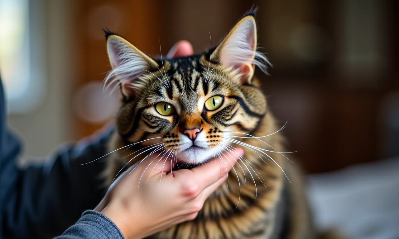Tutor escovando gato idoso com carinho.