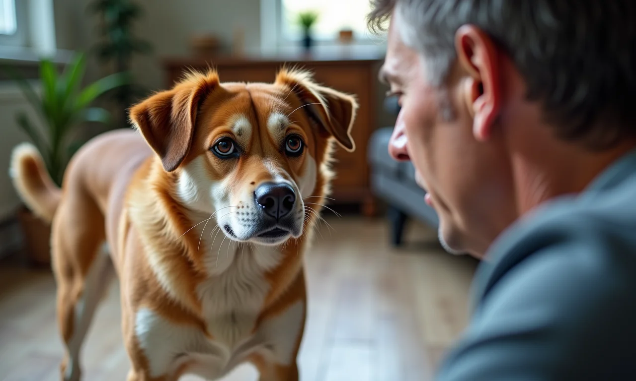 Tutor preocupado observando cachorro idoso com sinais de desconforto.