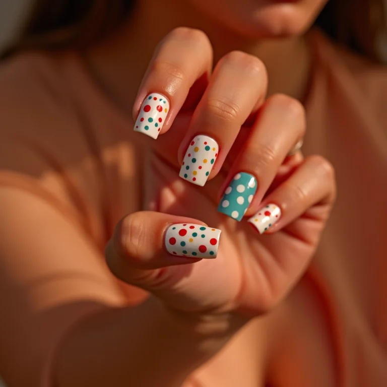 Unhas com estampa de bolinhas coloridas