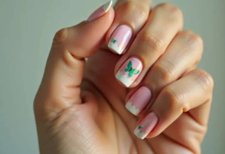 Unhas decoradas com borboletas delicadas em tons pastel