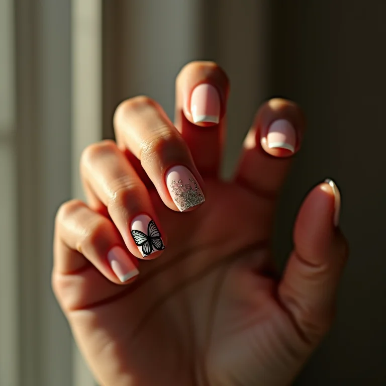 Unhas decoradas com borboletas e glitter